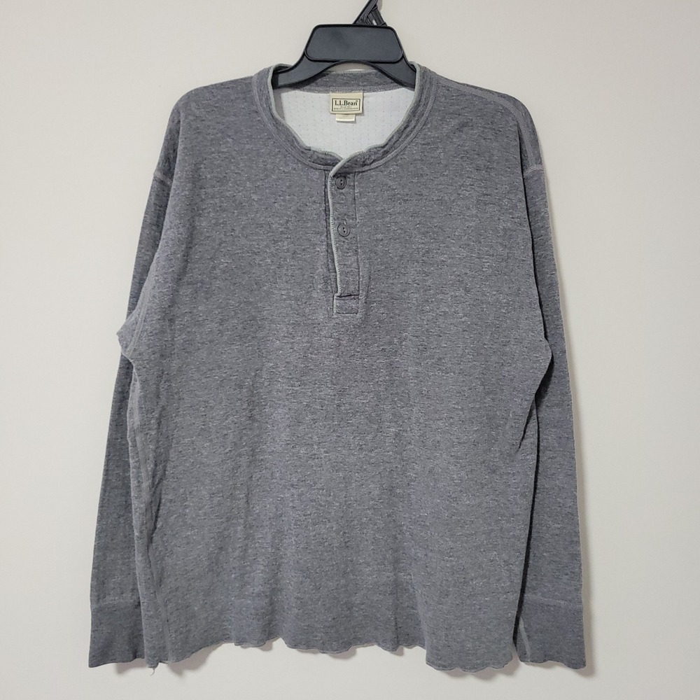 Vintage L.L.Bean Two Layer River Driver Henley Mens L Gray Wool Cotton Thermal